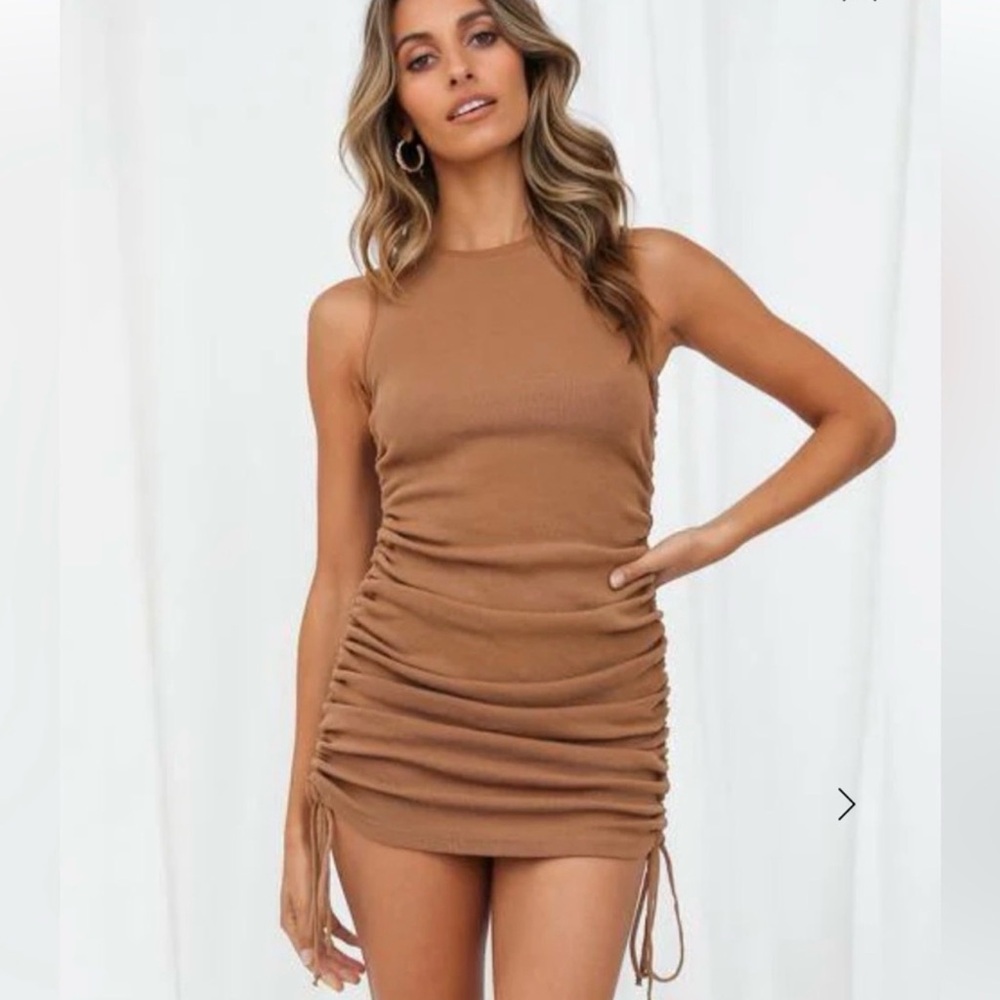 Lioness Tan Ruched Mini Dress